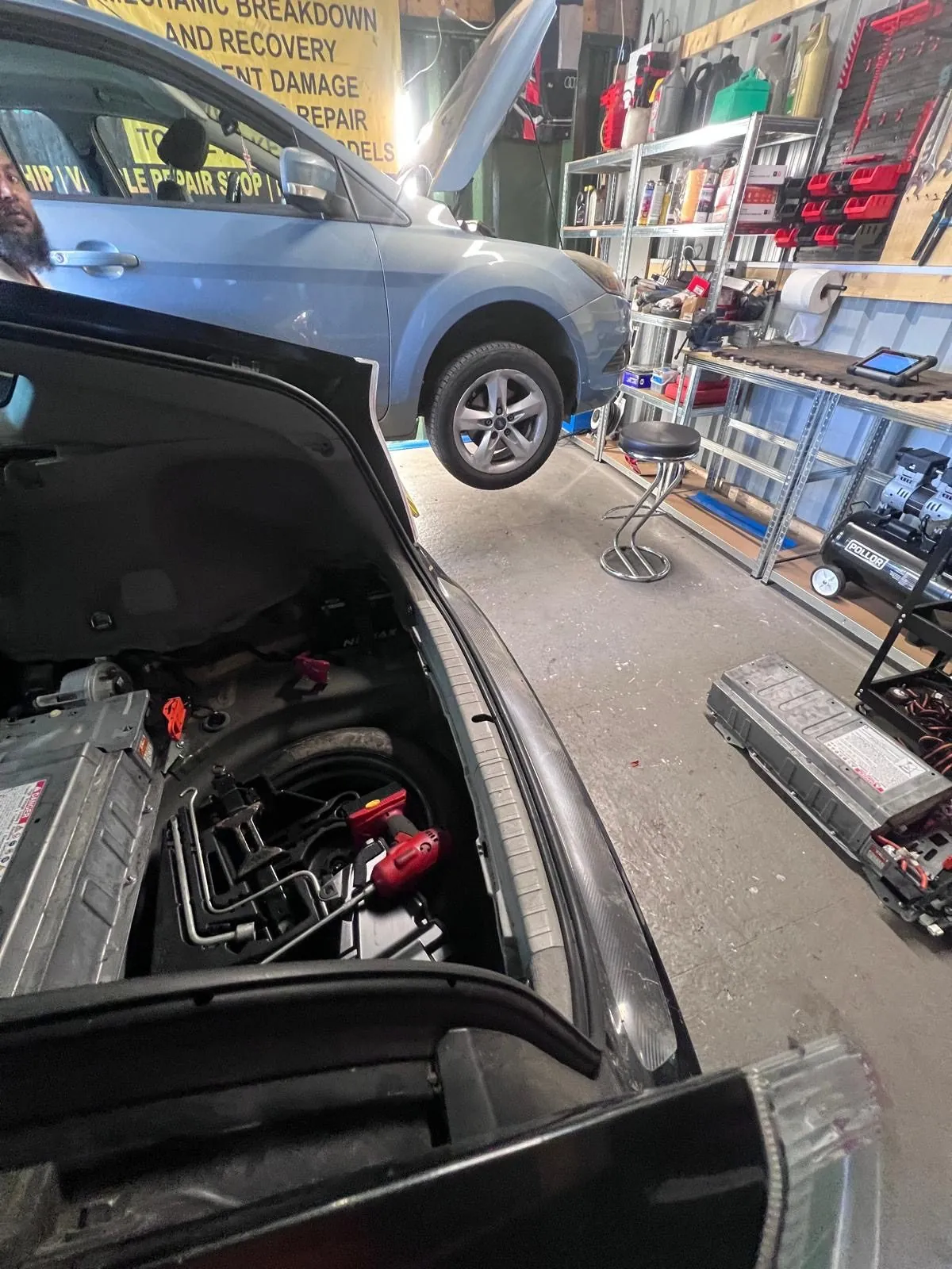 Hybrid battery out, in the workshop